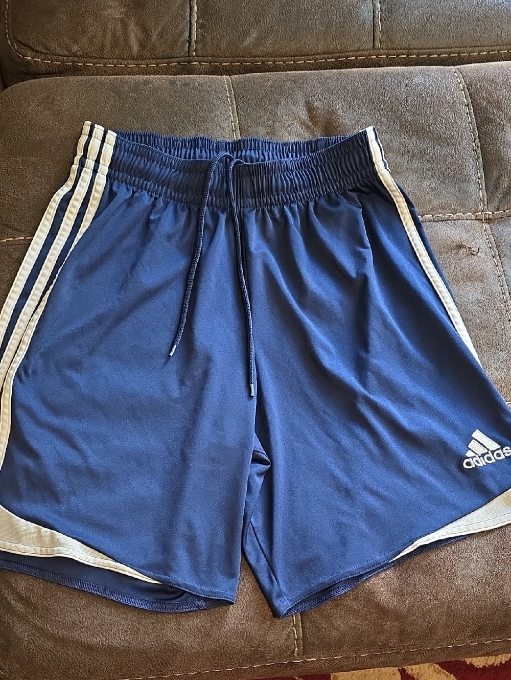 Adidas Navy Blue Athletic Shorts with White Stripes